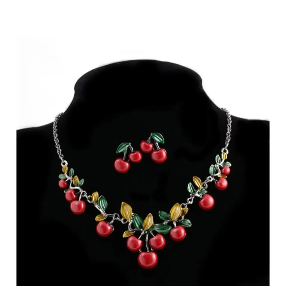 Cherry Pendant Choker Necklace Earring‎ Set Fruity Resin Enamel Paint Fun NEW